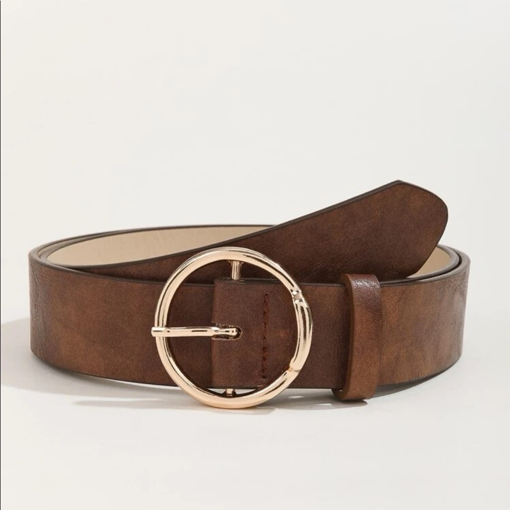 Brown Faux Leather Belt with Gold  Buckle